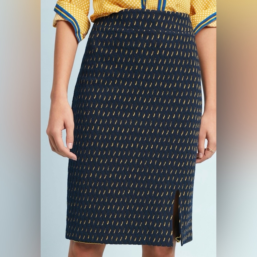 Anthropologie Maeve Hannon Textured Pencil Skirt Size 6 Navy Blue Yellow